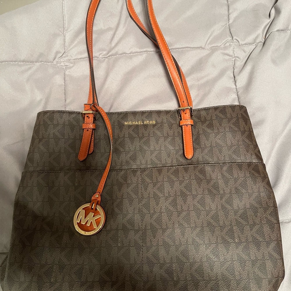 Michael Kors Brown and Orange Tote Bag with Gold Hardware